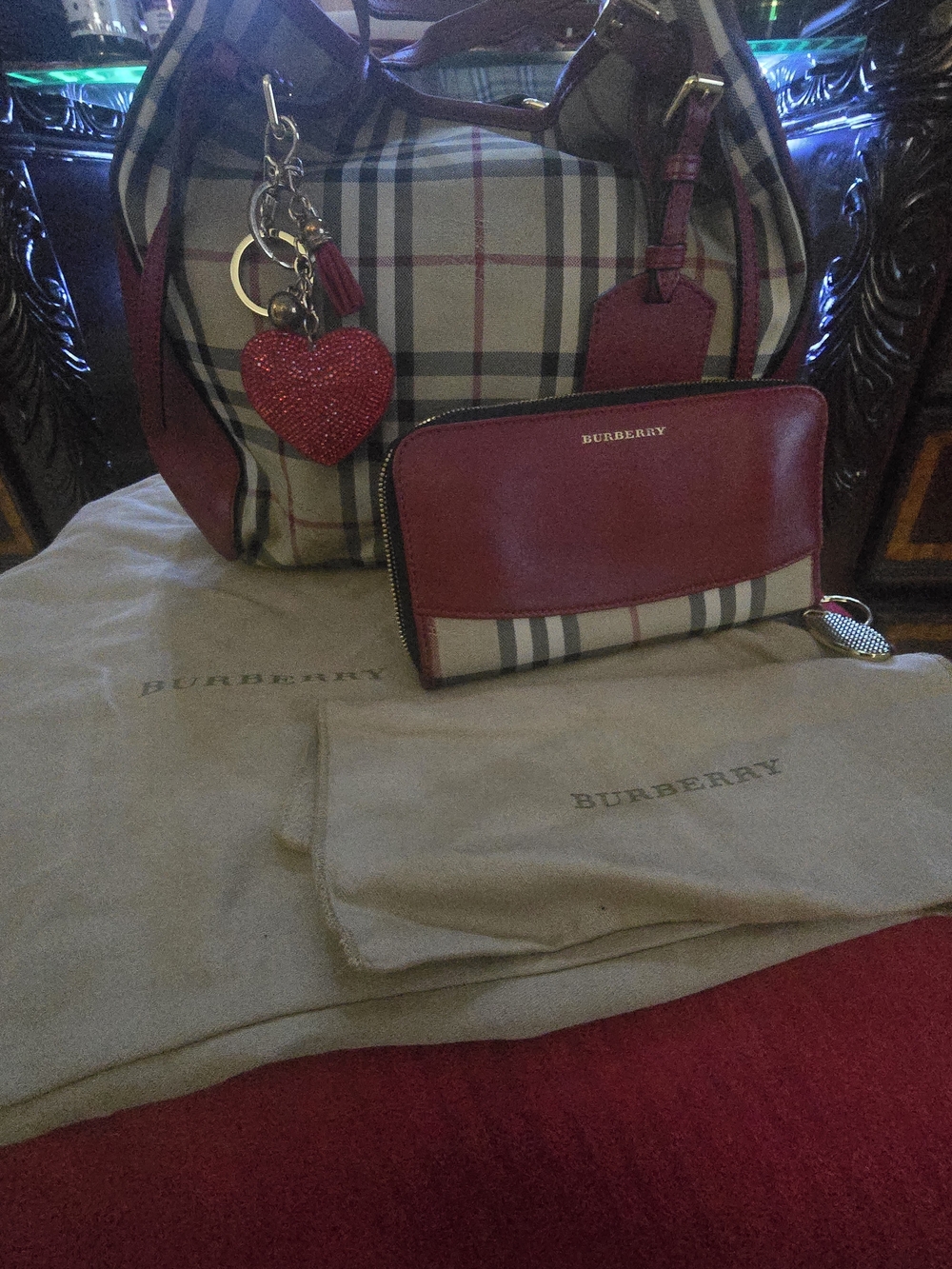 Burberry Beige Check Shoulder Bag with Red Trim and Matching Red Zip Wallet